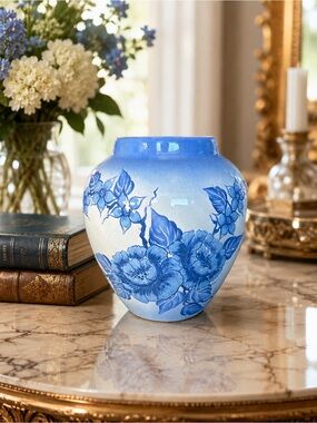Vintage Hand Signed Studio Pottery Vase Blue Floral “Lorena” Artisan Ceramic